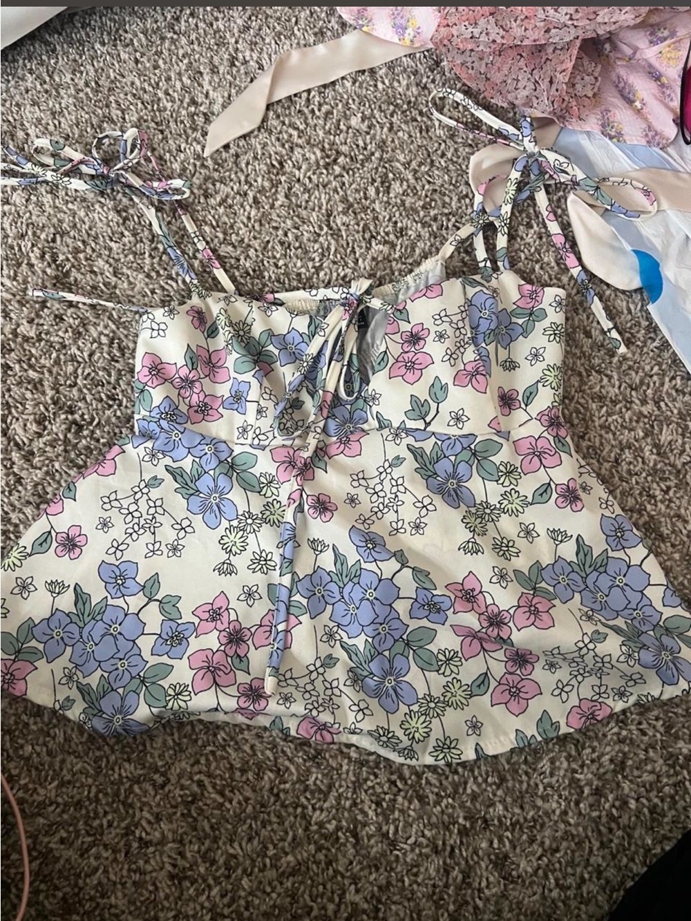 Floral Tie-Shoulder Camisole Top in Cream with Pink & Blue Flowers